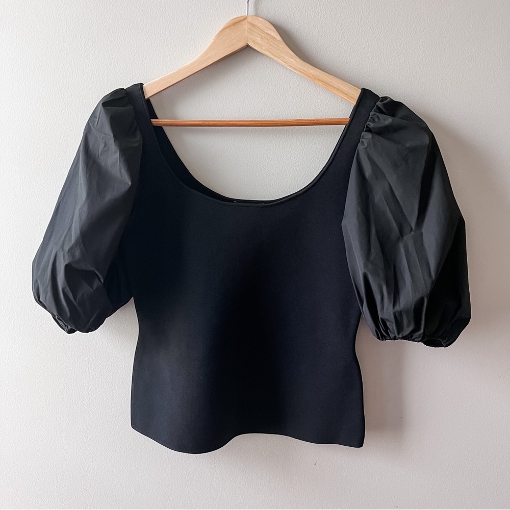 NWT Theory Glosse Puff-Sleeve Top - Black Size Medium